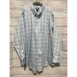 Lands End Shirt Mens Pinpoint Blue Plaid Oxford Supima Cotton Size 17-34 EUC